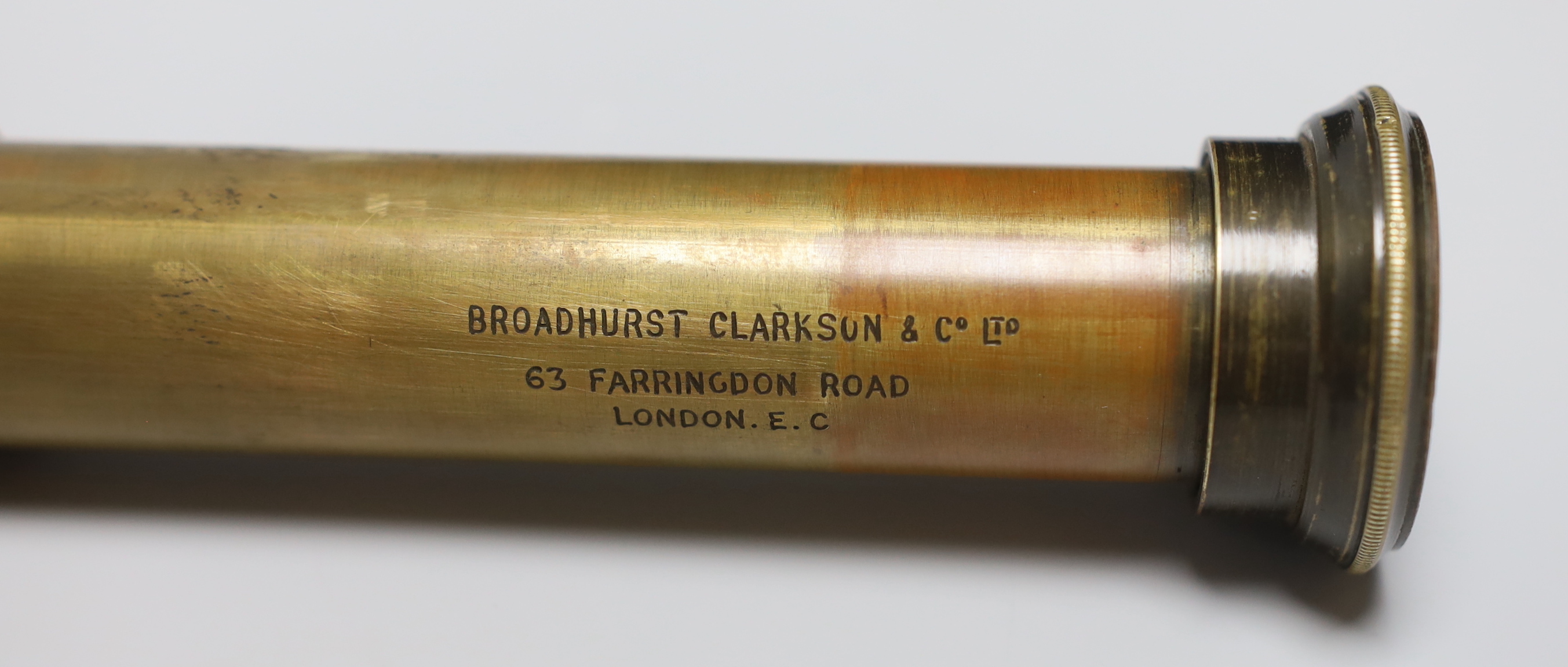 A Broadhurst Clarkson & Co Ltd brass and leather three draw telescope